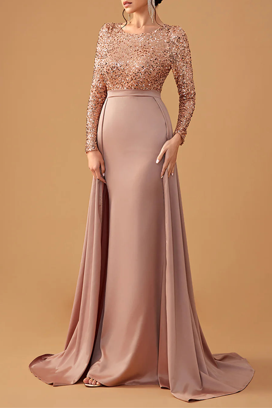 Shiny Burgundy Sequins Round Neck Long Sleeves A Line Mother of the Bride Dress With Train