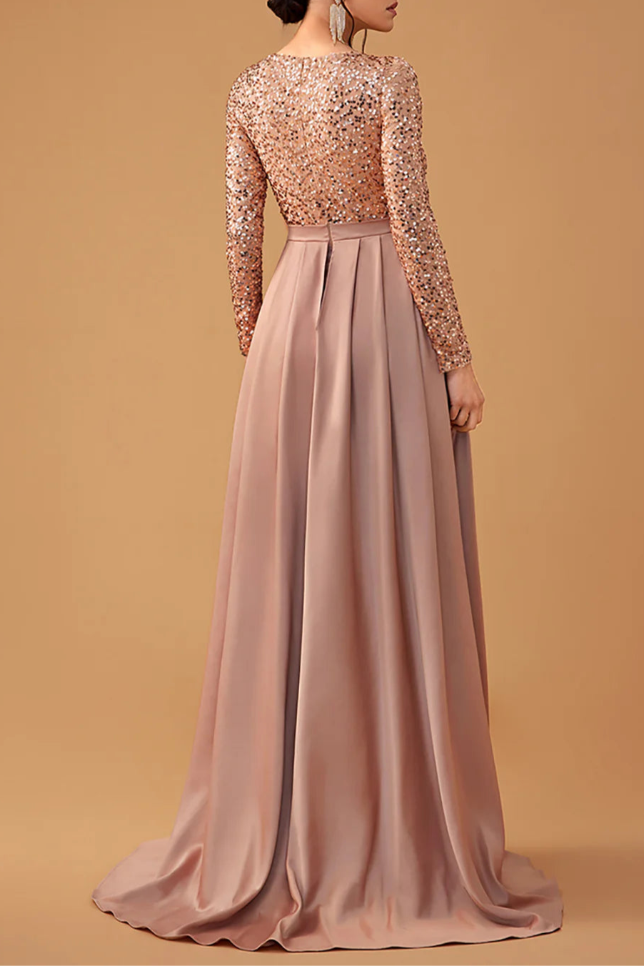 Shiny Burgundy Sequins Round Neck Long Sleeves A Line Mother of the Bride Dress With Train