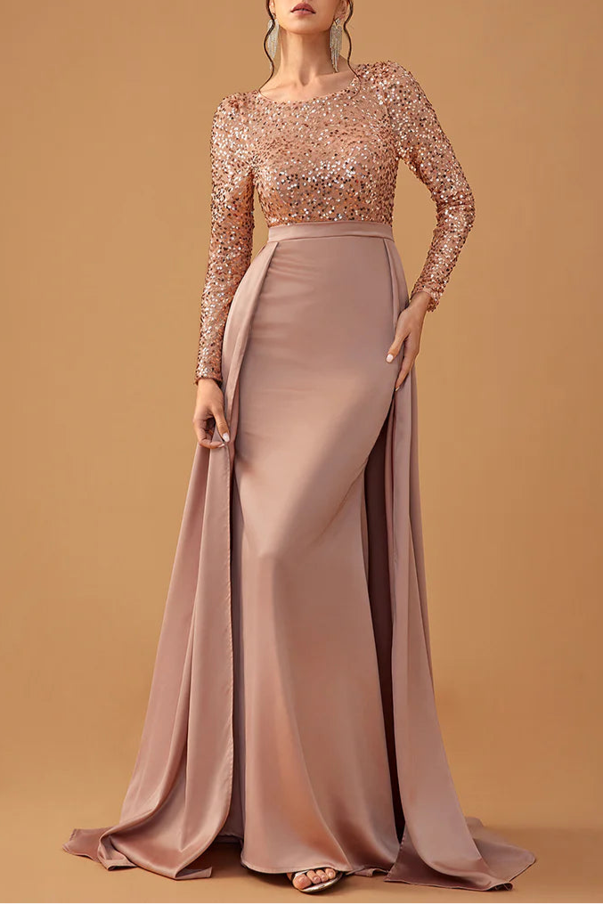 Shiny Burgundy Sequins Round Neck Long Sleeves A Line Mother of the Bride Dress With Train