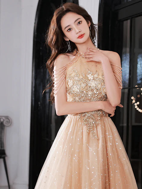 Shiny Champagne Tulle Tassel Sleeves Tea Length Half High Neck Prom Dress Homecoming Dresses