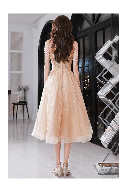 Shiny Champagne Tulle Tassel Sleeves Tea Length Half High Neck Prom Dress Homecoming Dresses