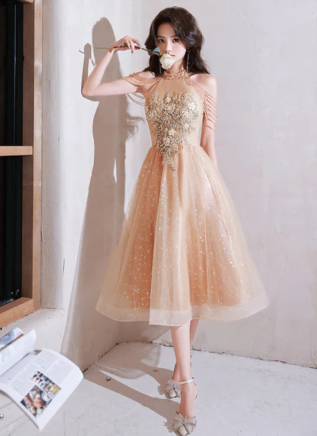 Shiny Champagne Tulle Tassel Sleeves Tea Length Half High Neck Prom Dress Homecoming Dresses