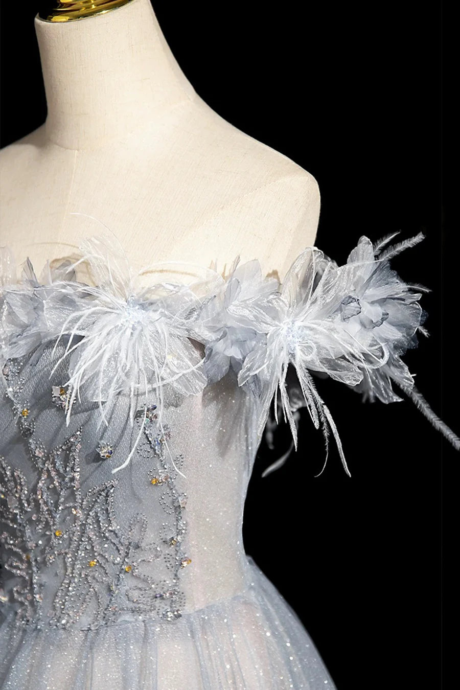 Shiny Gray Blue Tulle Off the Shoulder Sequins Long Prom Dress Evening Party Dress