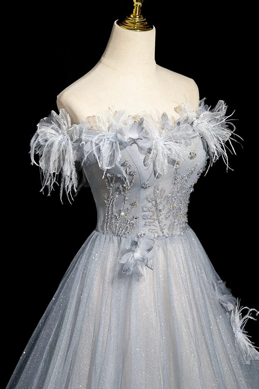 Shiny Gray Blue Tulle Off the Shoulder Sequins Long Prom Dress Evening Party Dress