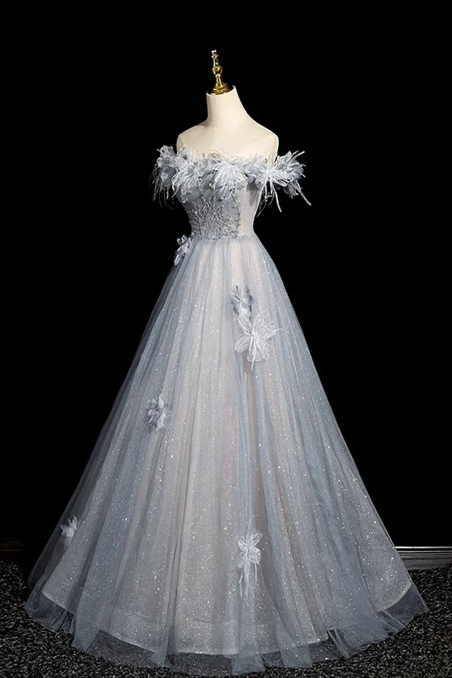 Shiny Gray Blue Tulle Off the Shoulder Sequins Long Prom Dress Evening Party Dress