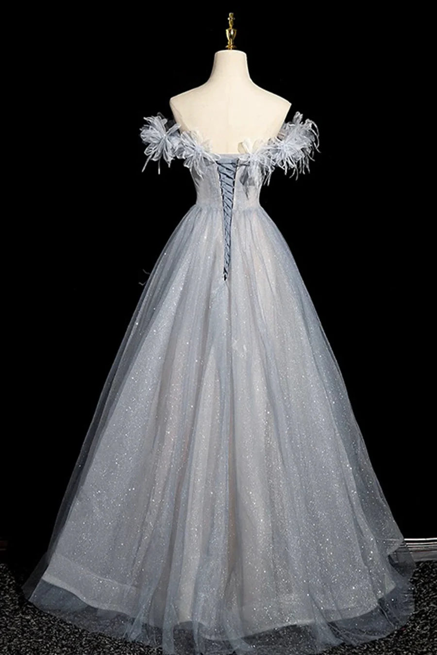 Shiny Gray Blue Tulle Off the Shoulder Sequins Long Prom Dress Evening Party Dress