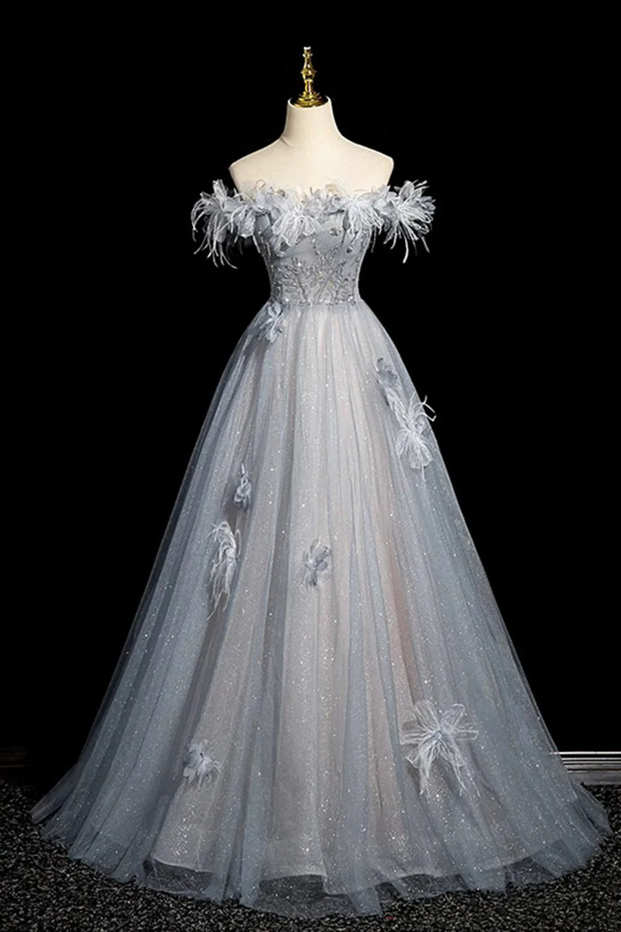 Shiny Gray Blue Tulle Off the Shoulder Sequins Long Prom Dress Evening Party Dress