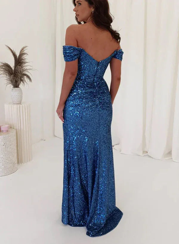 Shiny Mermaid Off-Shoulder High-Slit Sequin Blue Floor-Length Evening Dress