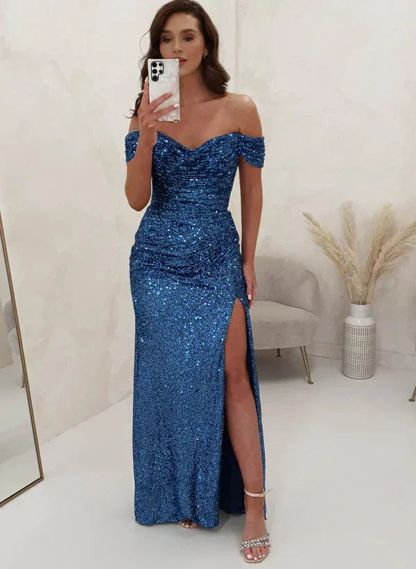 Shiny Mermaid Off-Shoulder High-Slit Sequin Blue Floor-Length Evening Dress