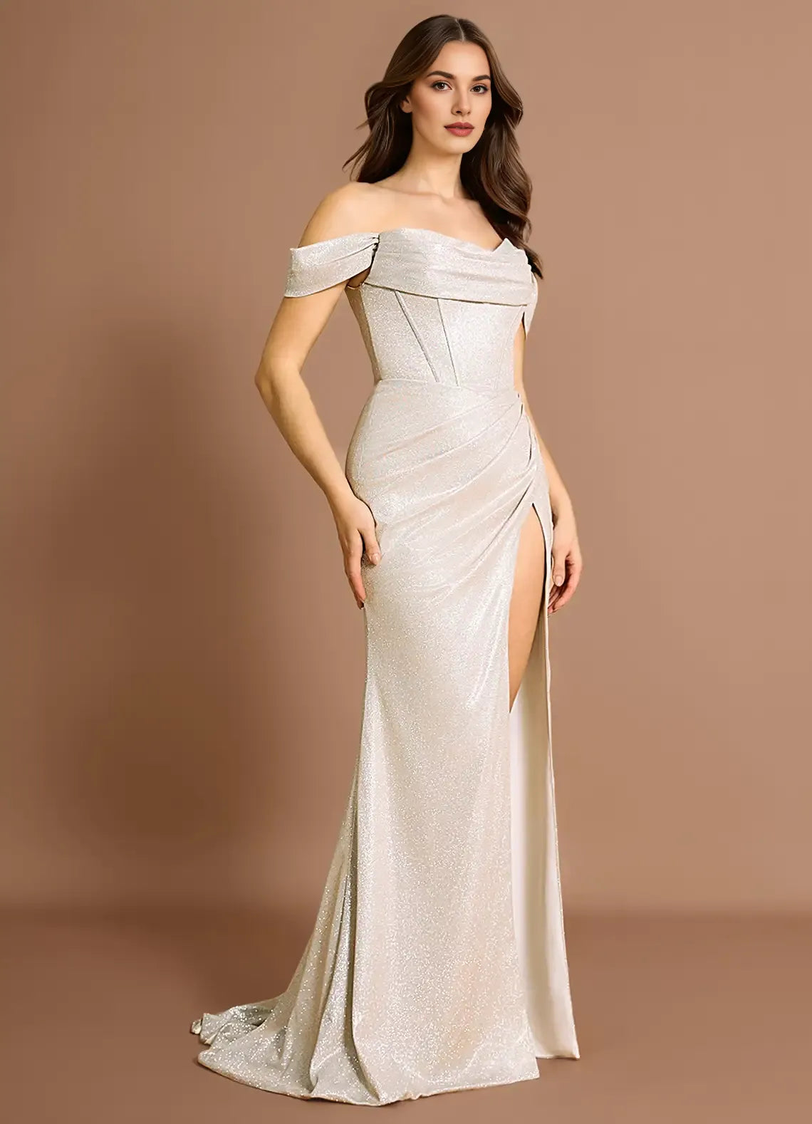 Shiny Mermaid Off-the-Shoulder Pleated Silver Maxi Evening Dress