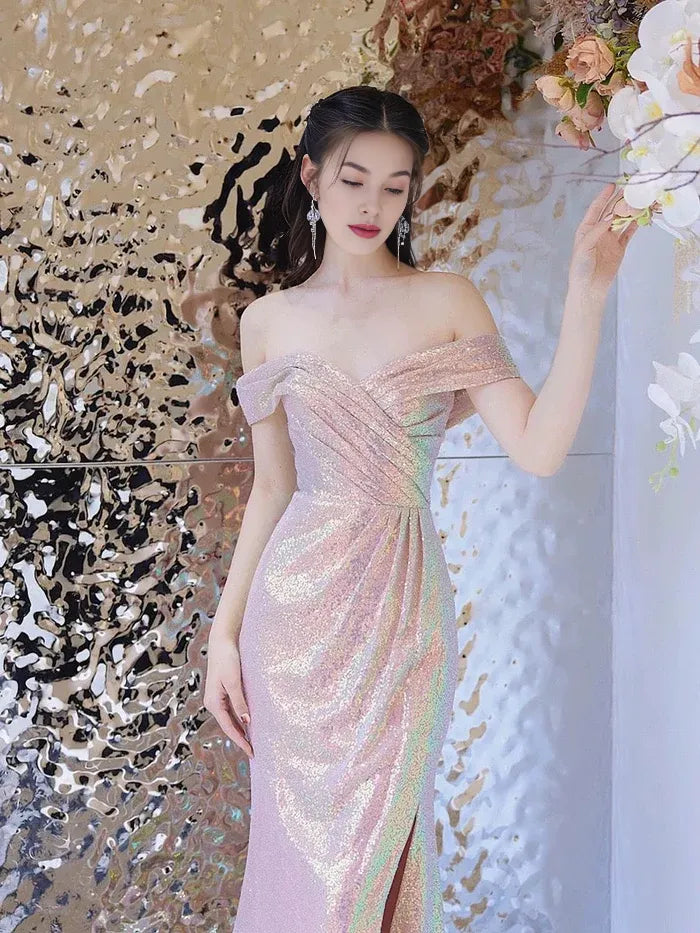 Shiny Mermaid Off The Shoulder Sequin Pink Long Evening Dress Prom Dress