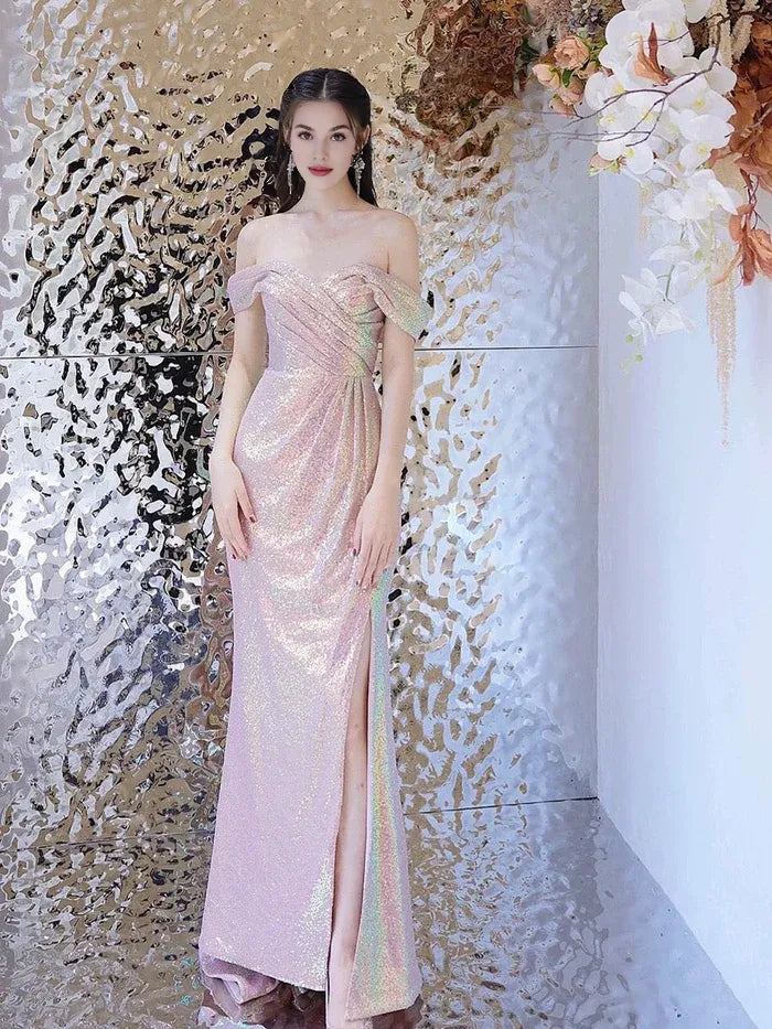 Shiny Mermaid Off The Shoulder Sequin Pink Long Evening Dress Prom Dress