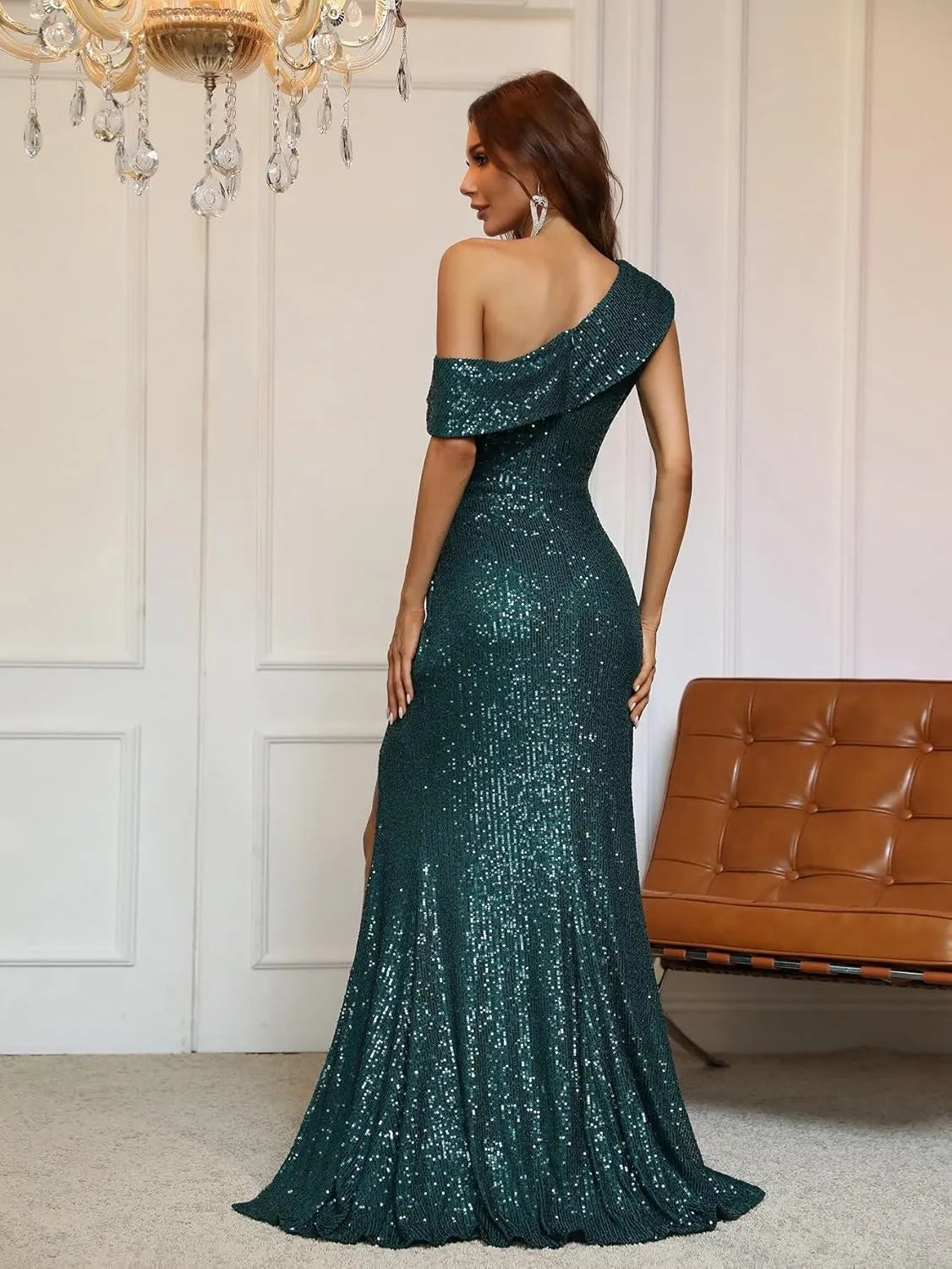 Shiny Mermaid One-Shoulder High-Slit Ruched Sequin Green Floor-Length Prom Dress