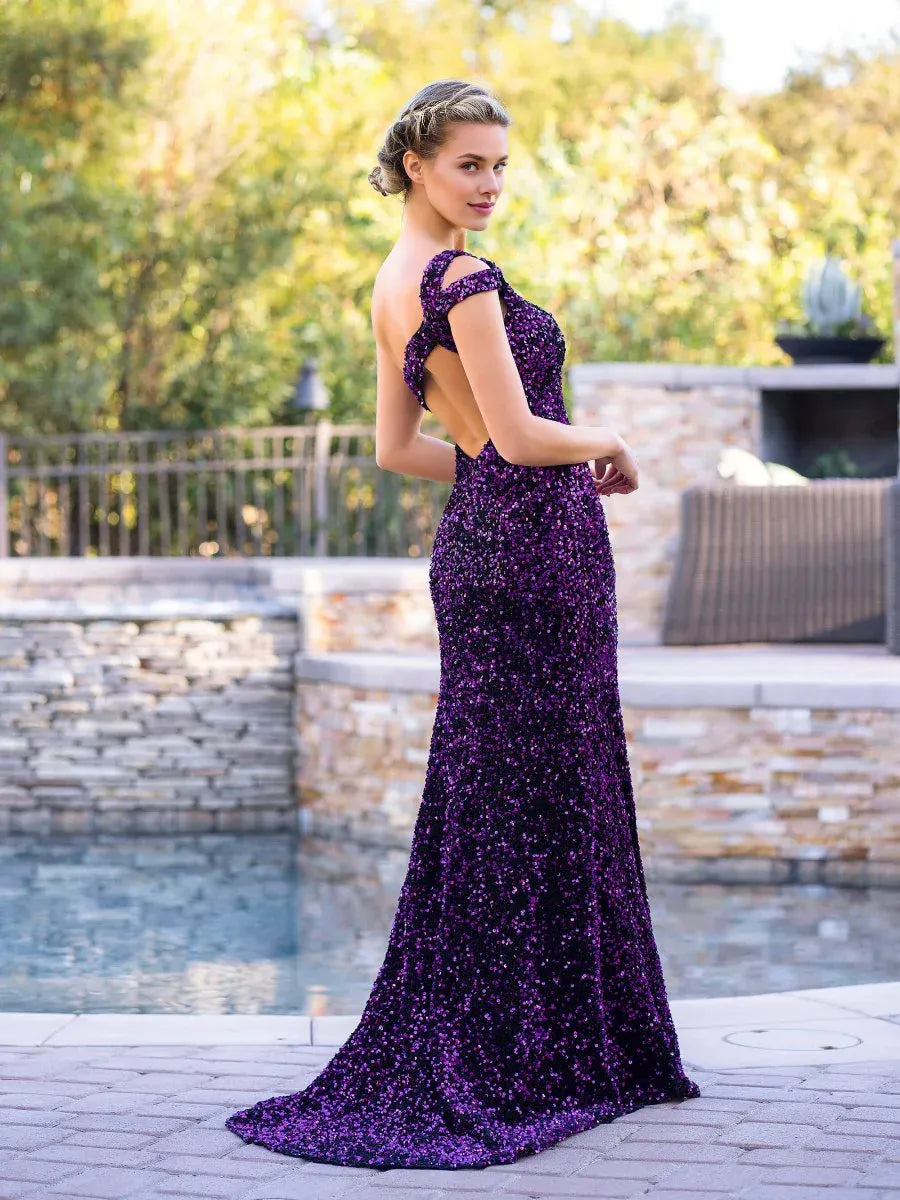 Shiny Mermaid One-Shoulder Sequin Grape Long Evening Dress With Slit