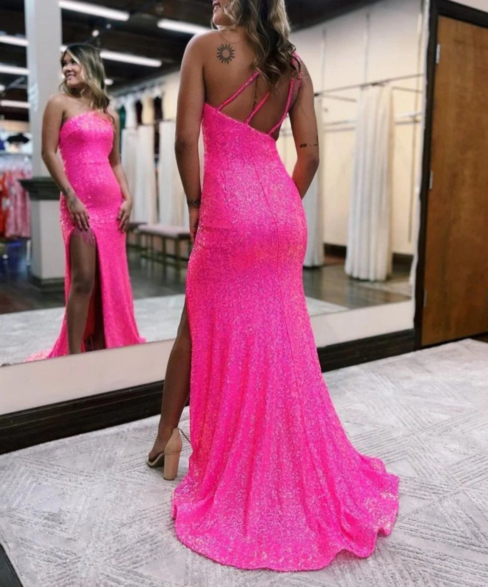Shiny Mermaid One-Shoulder Sequins Orange Evening Dress With Tassels