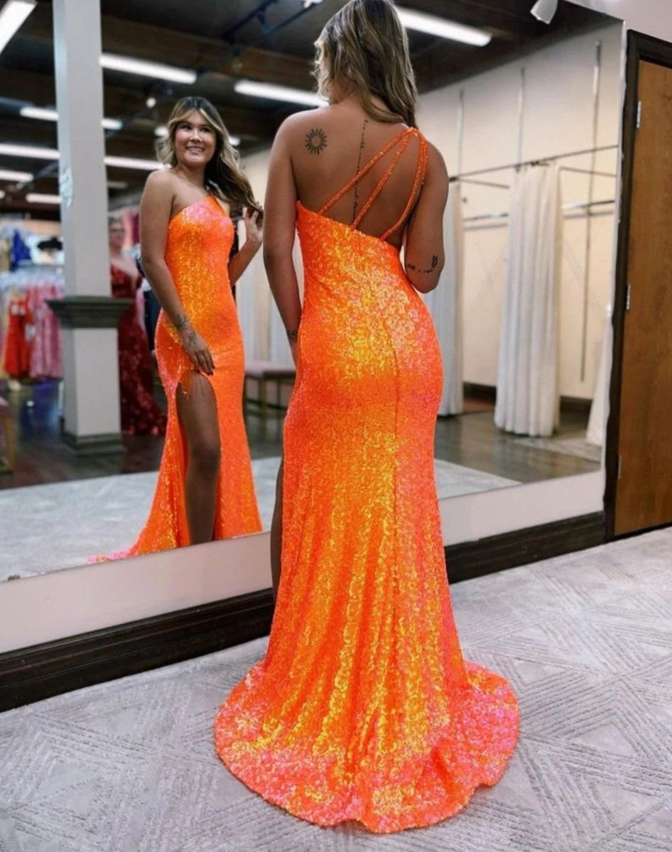 Shiny Mermaid One-Shoulder Sequins Orange Evening Dress With Tassels