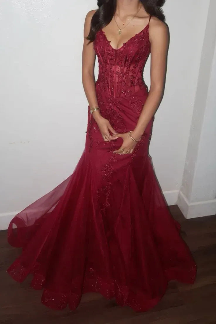 Shiny Mermaid Spaghetti Strap Corset Lace Burgundy Prom Dress With Train