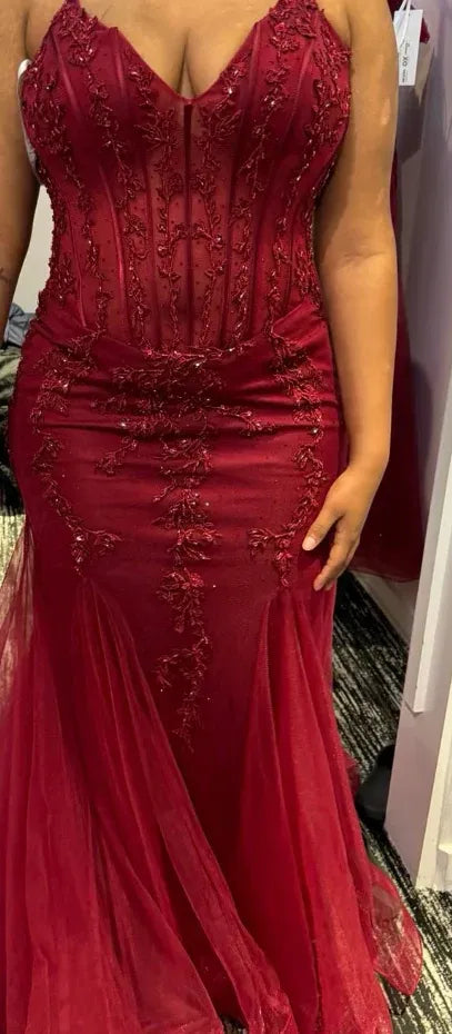 Shiny Mermaid Spaghetti Strap Corset Lace Burgundy Prom Dress With Train