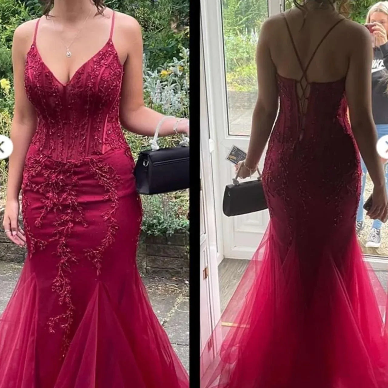 Shiny Mermaid Spaghetti Strap Corset Lace Burgundy Prom Dress With Train