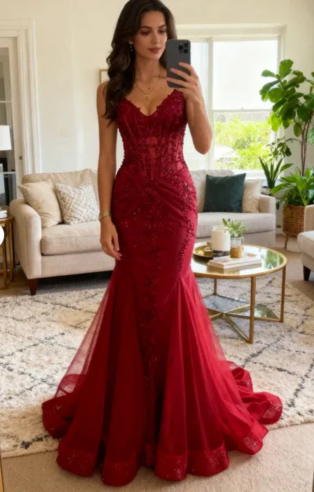 Shiny Mermaid Spaghetti Strap Corset Lace Burgundy Prom Dress With Train
