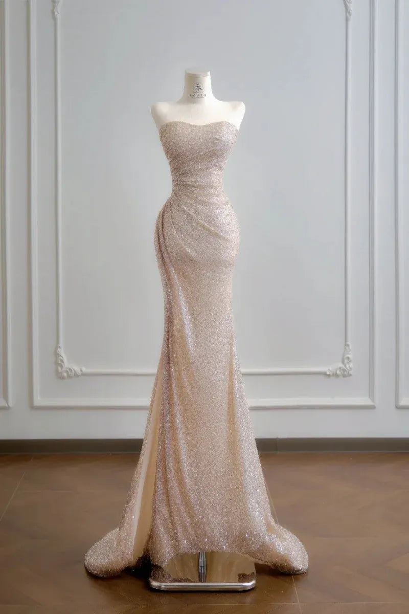 Shiny Mermaid Strapless Ruched Sequin Champagne Prom Dress With Train