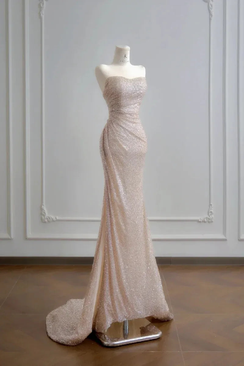 Shiny Mermaid Strapless Ruched Sequin Champagne Prom Dress With Train