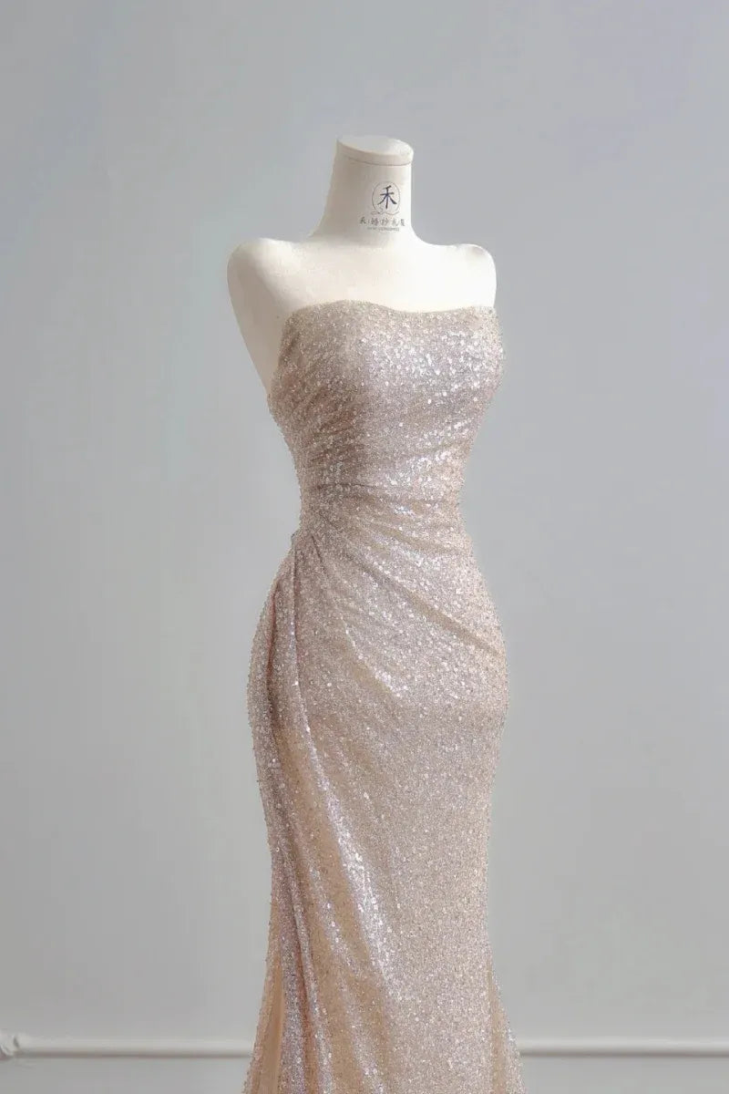 Shiny Mermaid Strapless Ruched Sequin Champagne Prom Dress With Train
