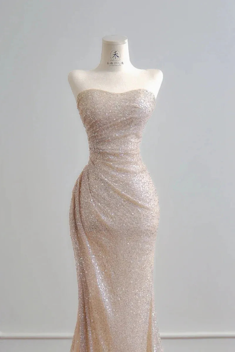 Shiny Mermaid Strapless Ruched Sequin Champagne Prom Dress With Train