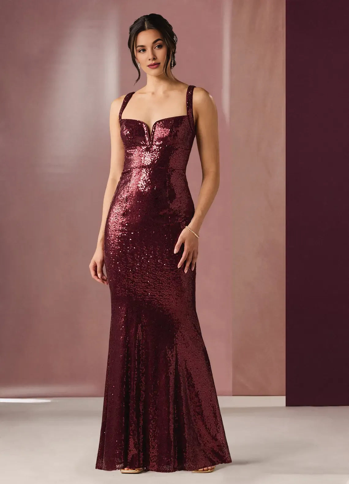 Shiny Mermaid V Neck Sleeveless Open Back Sequin Wine Maxi Evening Dress