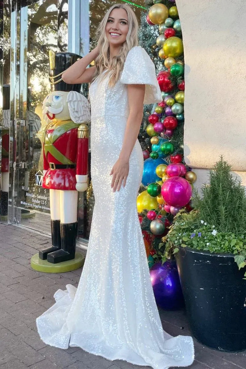 Shiny One-Shoulder Cap Sleeves Sequin Pink Long Prom Dress With Trumpet Hem