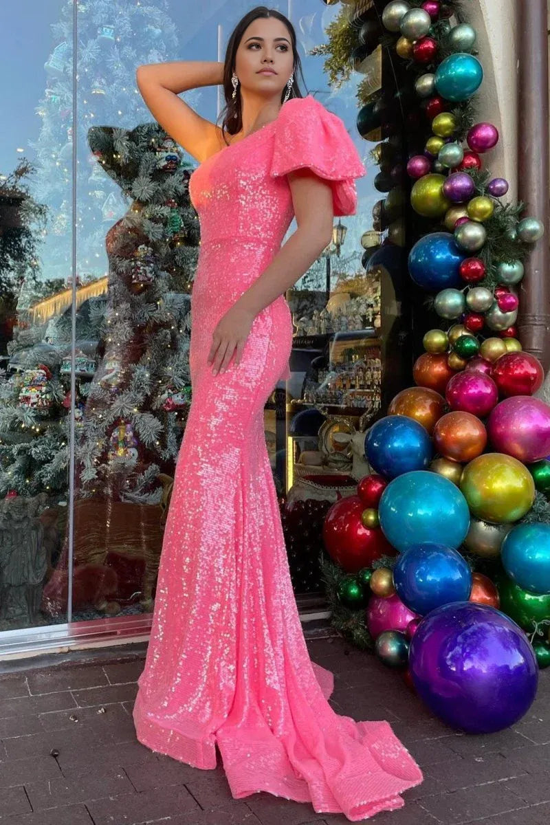 Shiny One-Shoulder Cap Sleeves Sequin Pink Long Prom Dress With Trumpet Hem