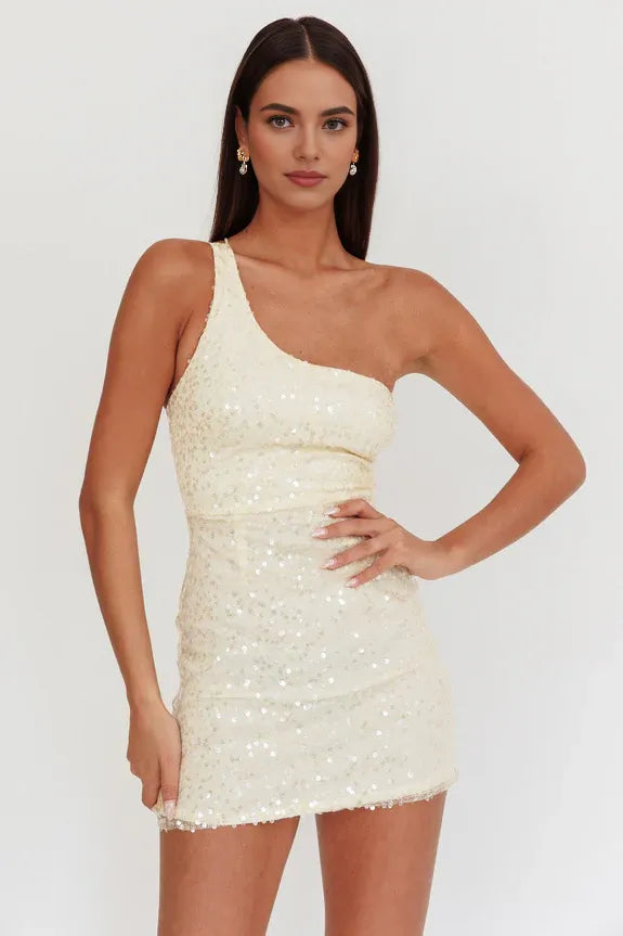 Shiny One-Shoulder Sequin Nude Mini Homecoming Dress With Zipper Back