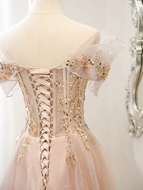 Shiny Pink Tulle With Beaded Sequins Sweetheart Neck Off Shoulder Prom Dress Formal Dress