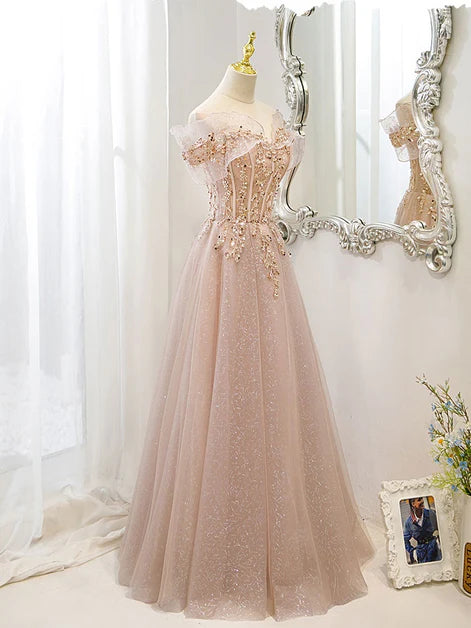 Shiny Pink Tulle With Beaded Sequins Sweetheart Neck Off Shoulder Prom Dress Formal Dress