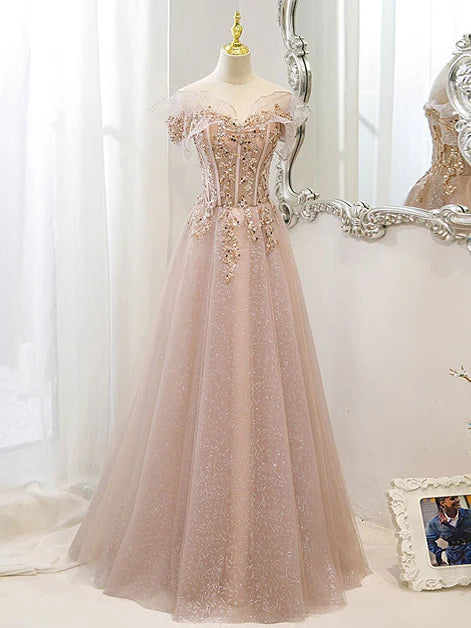 Shiny Pink Tulle With Beaded Sequins Sweetheart Neck Off Shoulder Prom Dress Formal Dress