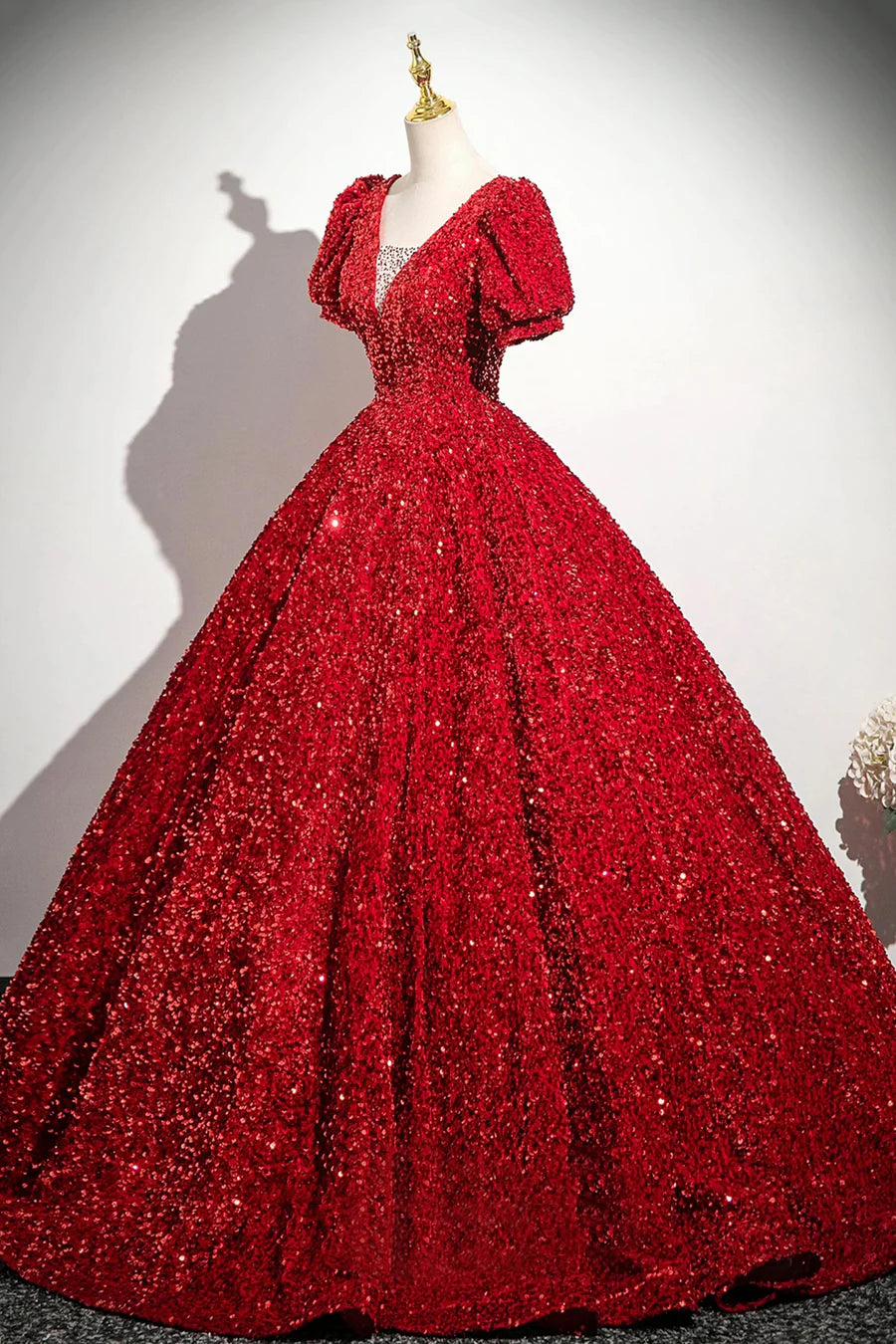 Shiny Red V-Neck Sequins Short Sleeve Floor Length Prom Dress Party Dress