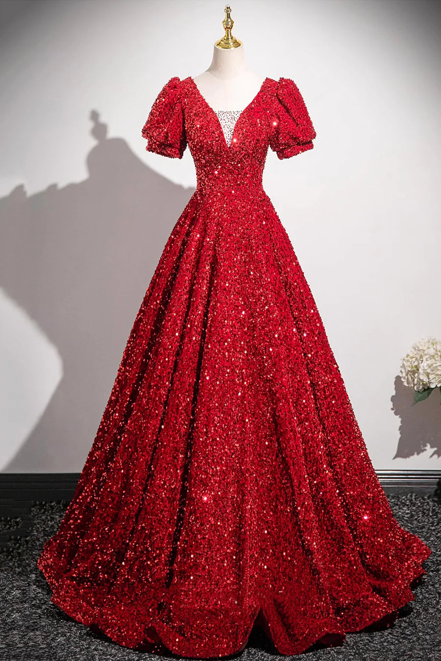 Shiny Red V-Neck Sequins Short Sleeve Floor Length Prom Dress Party Dress