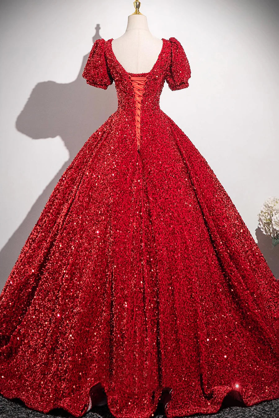 Shiny Red V-Neck Sequins Short Sleeve Floor Length Prom Dress Party Dress