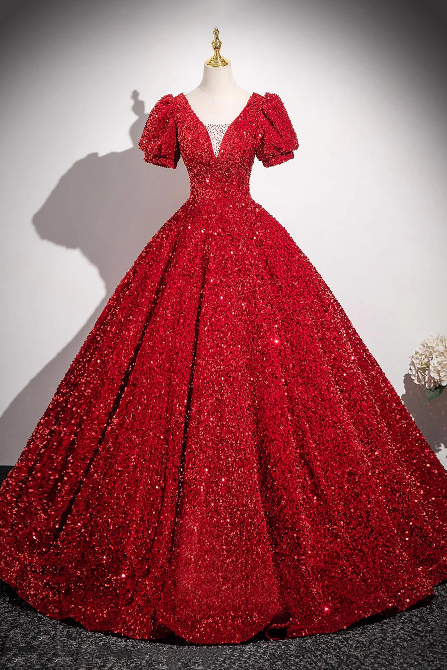 Shiny Red V-Neck Sequins Short Sleeve Floor Length Prom Dress Party Dress