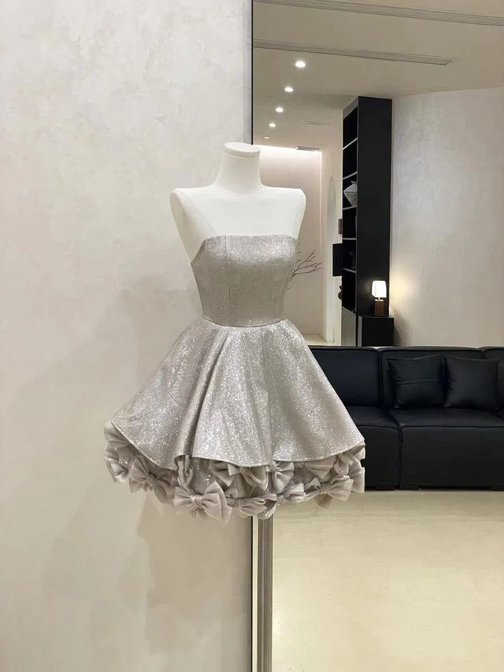 Shiny Sequin With Bow A Line Strapless Homecoming Party Dress Short Evening Dress