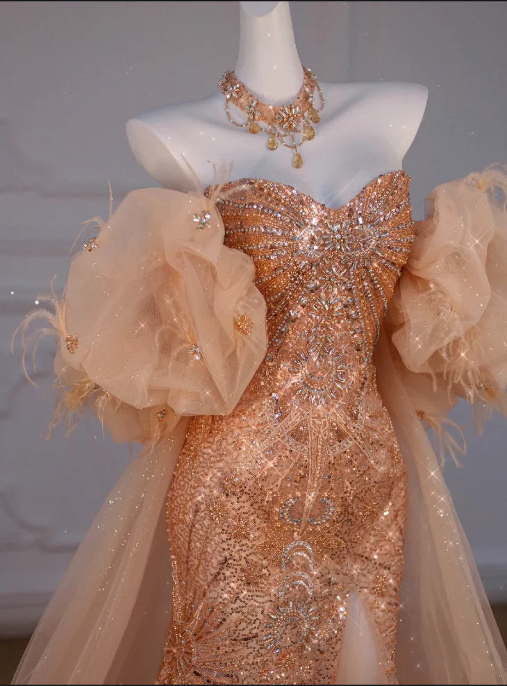 Shiny Sequins With Beaded Mermaid Off The Shoulder Slit Long Party Dress Prom Dresses With Train