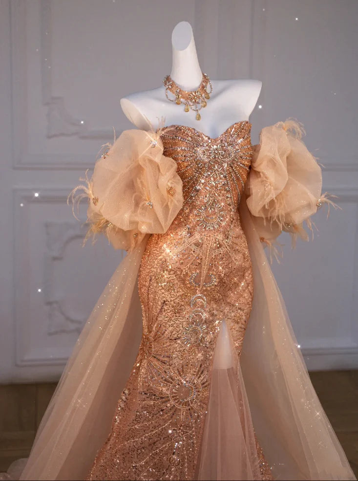 Shiny Sequins With Beaded Mermaid Off The Shoulder Slit Long Party Dress Prom Dresses With Train