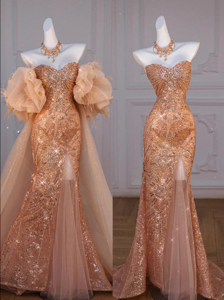 Shiny Sequins With Beaded Mermaid Off The Shoulder Slit Long Party Dress Prom Dresses With Train