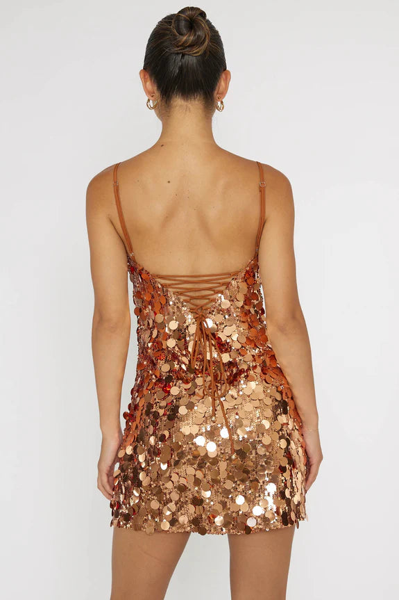 Shiny Spaghetti Straps Lace-up Sequin Bronze Mini Homecoming Dress