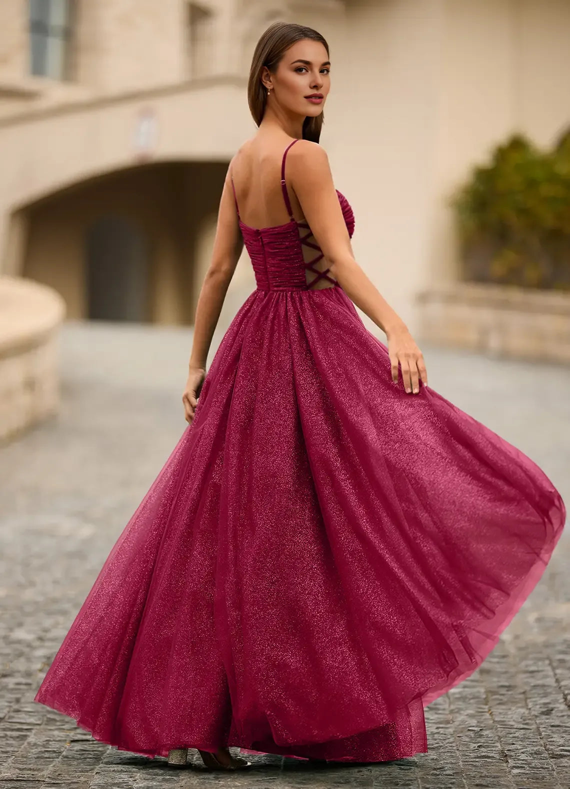 Shiny Spaghetti Straps Sheer Pleated Tulle Burgundy Full Length Prom Dress