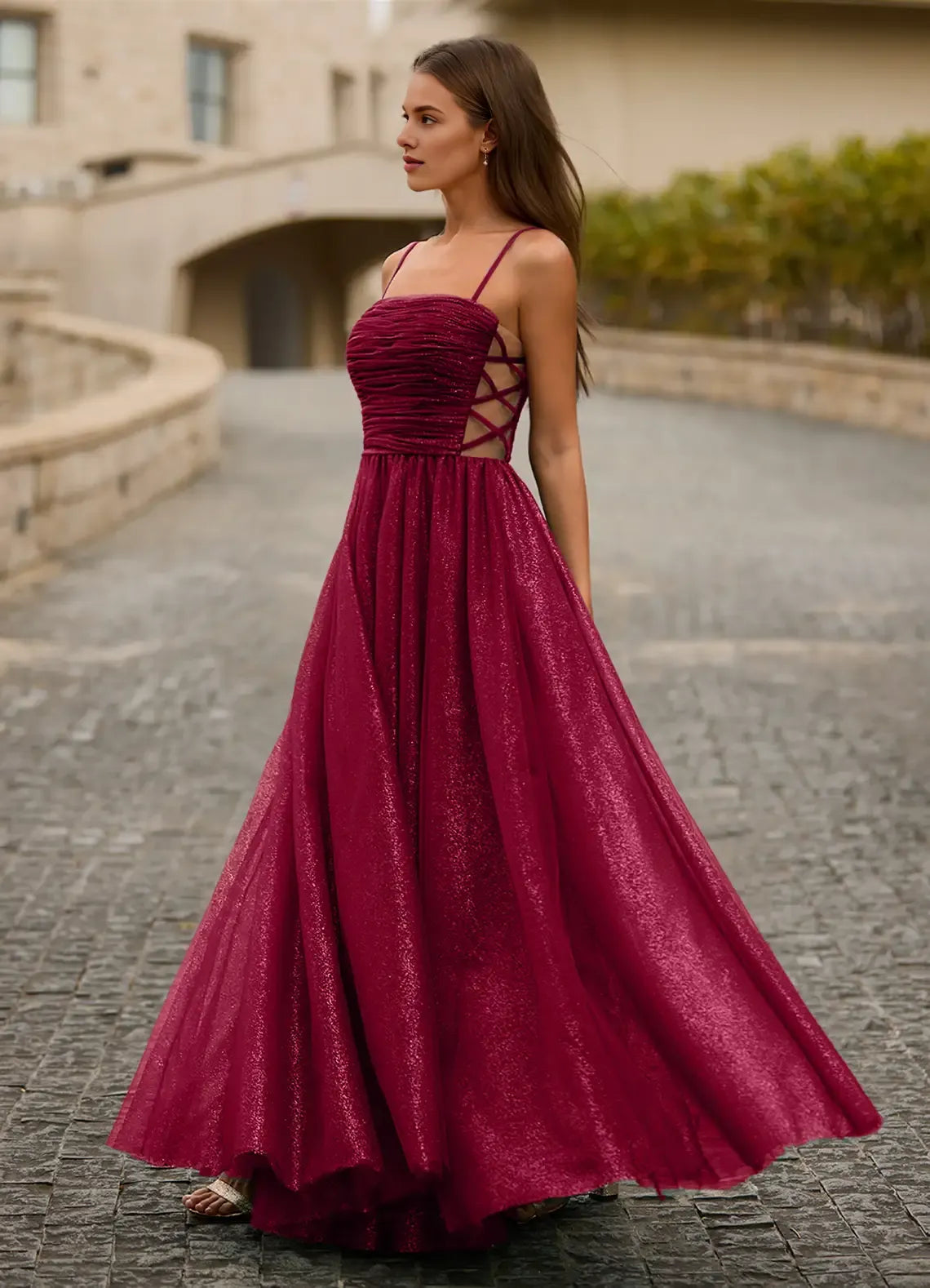 Shiny Spaghetti Straps Sheer Pleated Tulle Burgundy Full Length Prom Dress