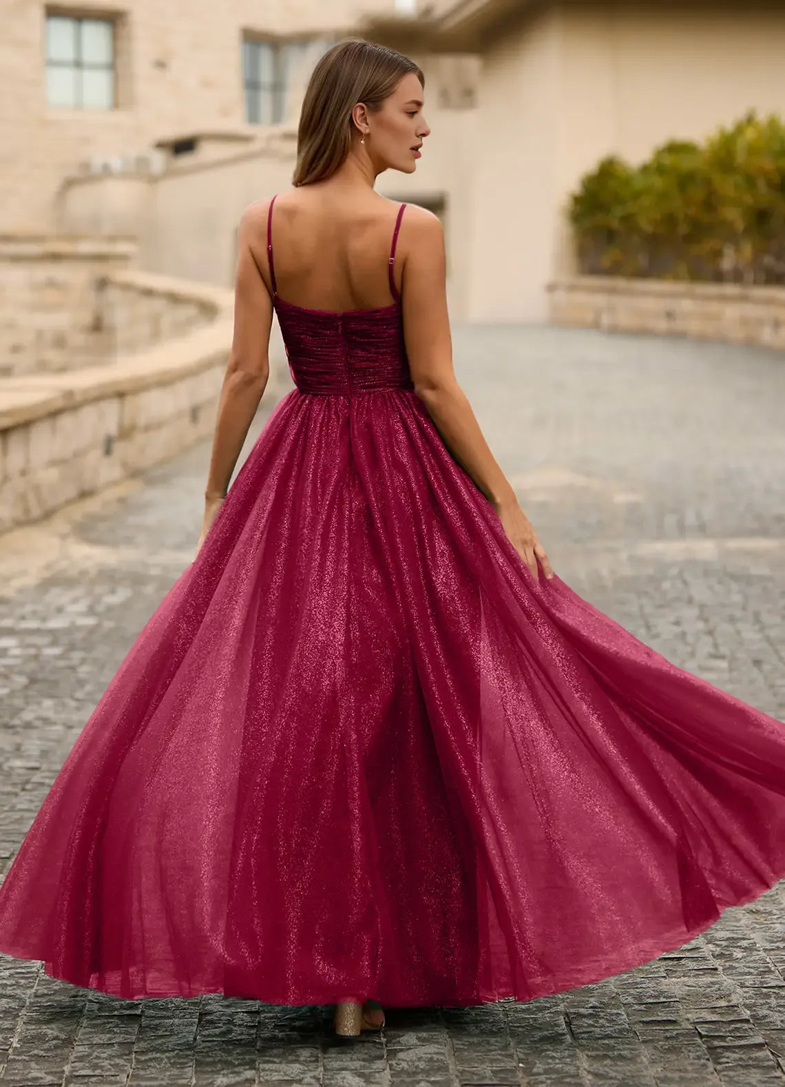 Shiny Spaghetti Straps Sheer Pleated Tulle Burgundy Full Length Prom Dress