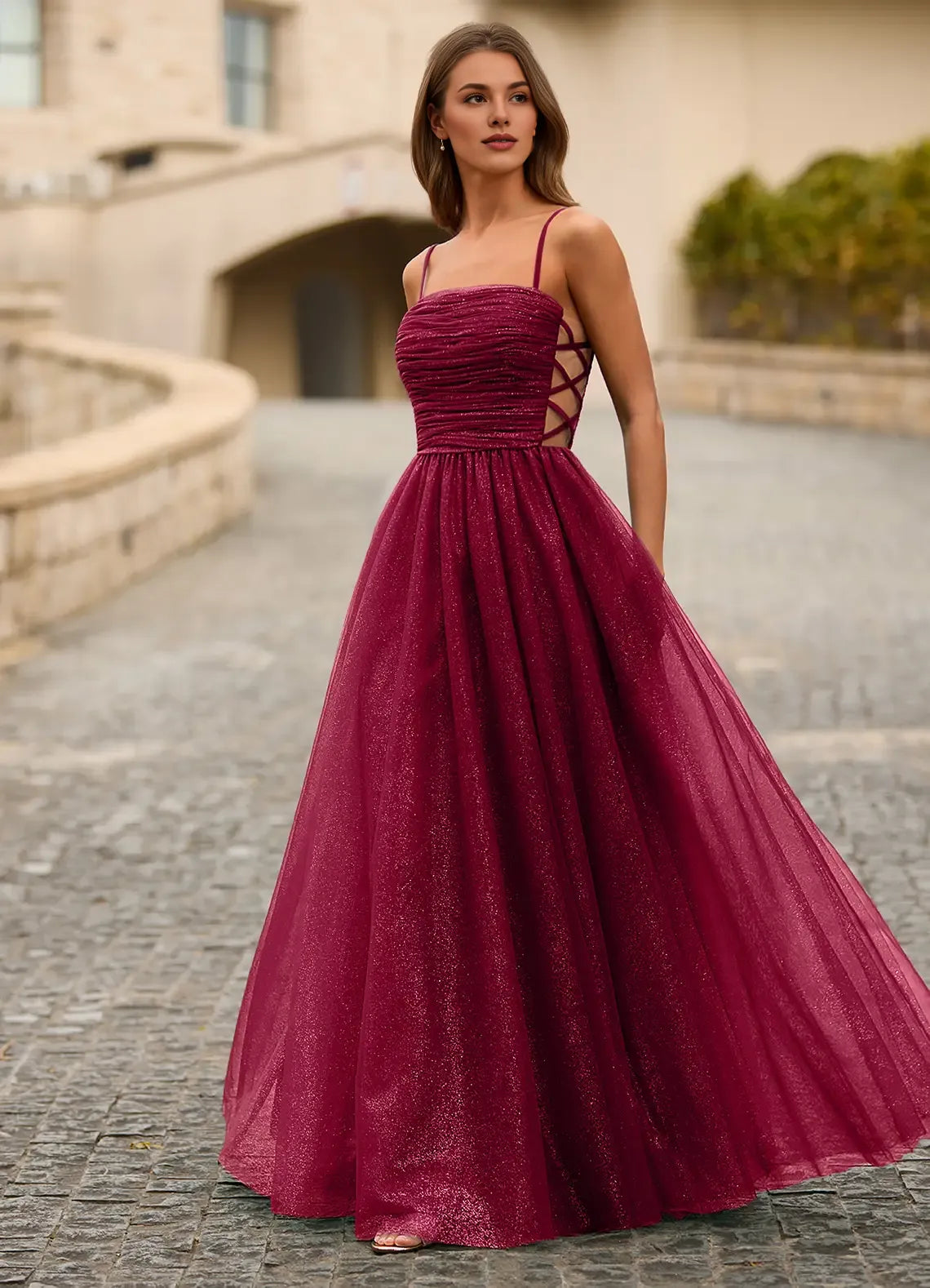 Shiny Spaghetti Straps Sheer Pleated Tulle Burgundy Full Length Prom Dress