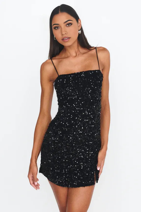 Shiny Square Neck Spaghetti Straps Sequin Black Homecoming Dress With Slit