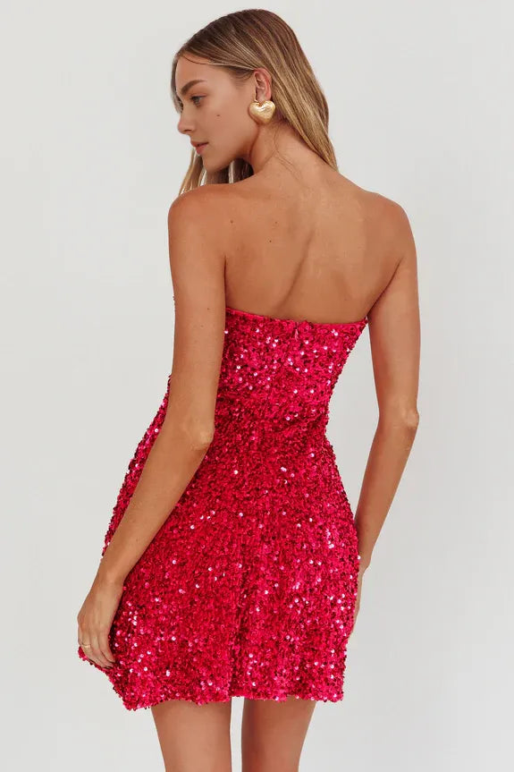 Shiny Strapless Sleeveless Sequin Pink Mini Homecoming Dress For Ladies